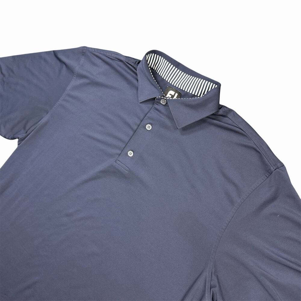 FootJoy Men’s Large Navy Blue Performance Golf Polo Striped Collar Logo Sleeve